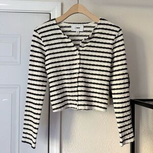 LE BOP black and white striped stretchy textured crinkle button up cardigan top
